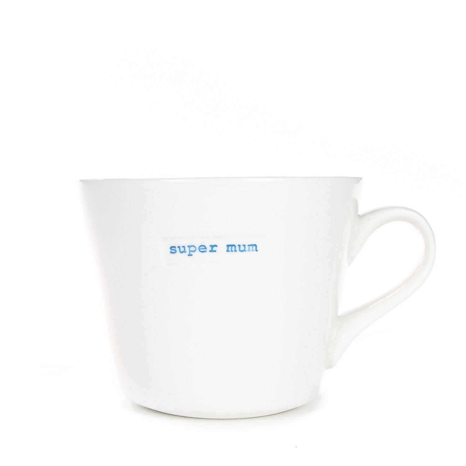 White mug with 'super mum' text on a white background