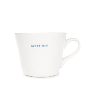 White mug with 'super mum' text on a white background