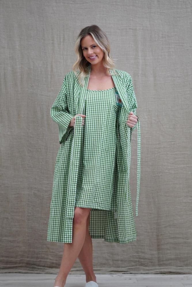 Cotton Kimono Robe - Green Check