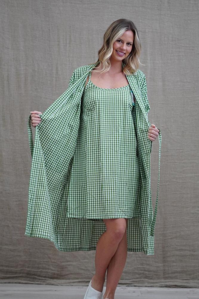 Cotton Kimono Robe - Green Check