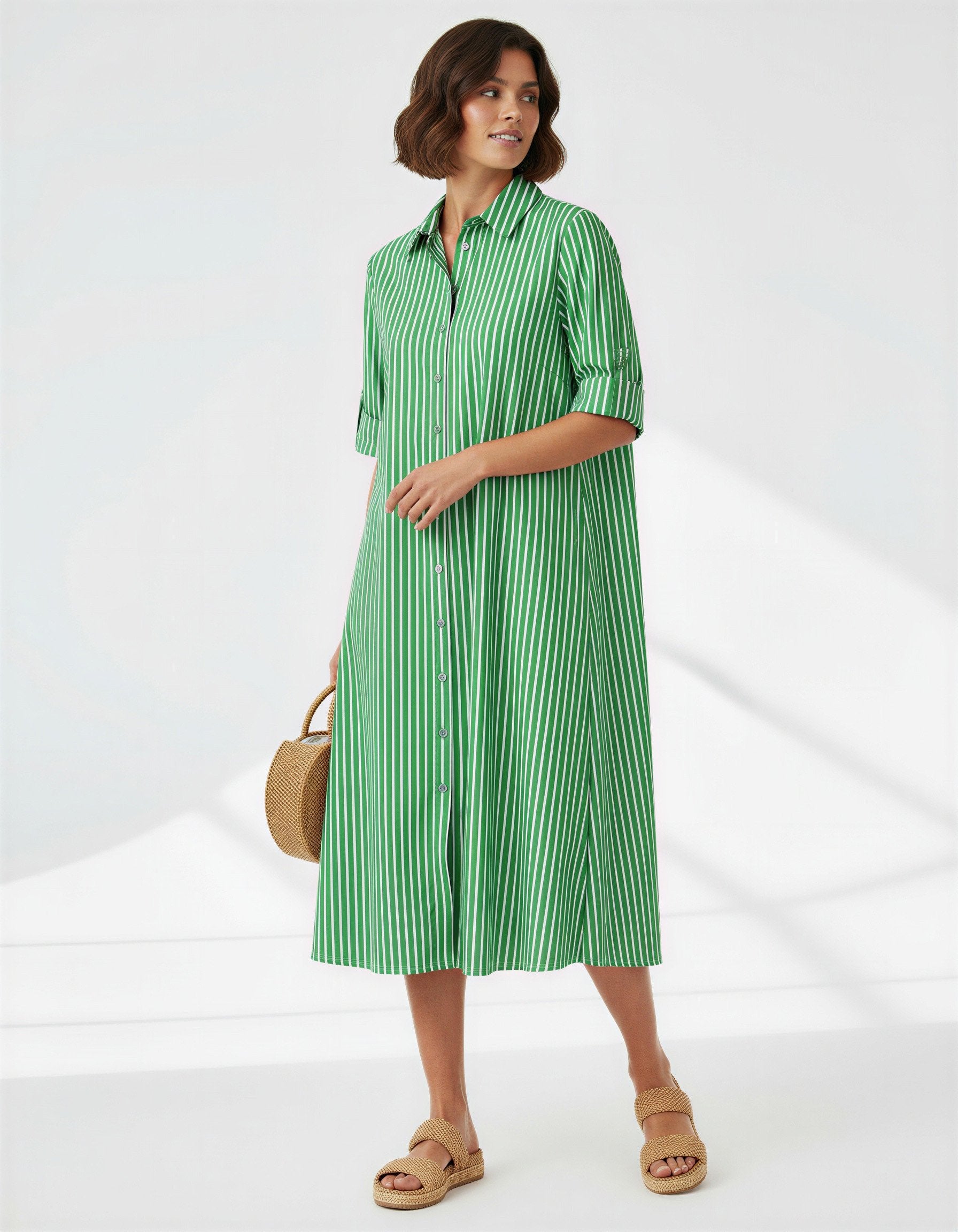 Liberty Rose Cotton Shirt Dress - Green Stripe