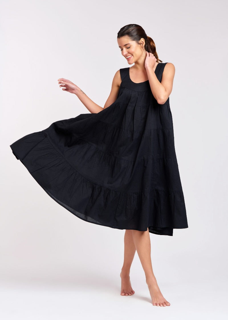 Black-Cotton Voile-Tiered Nightdress