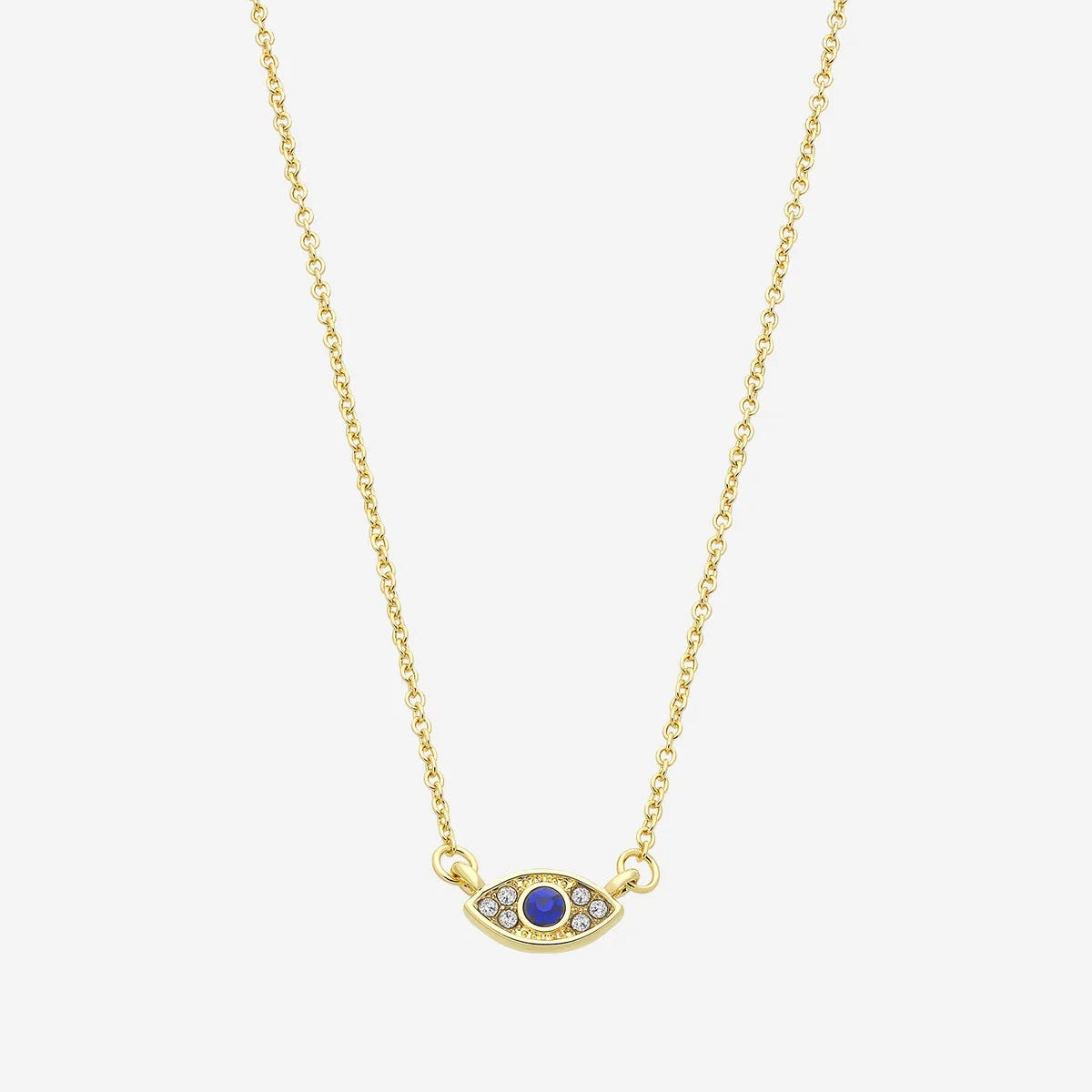 Gold necklace with a blue gemstone on a white background