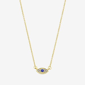 Gold necklace with a blue gemstone on a white background