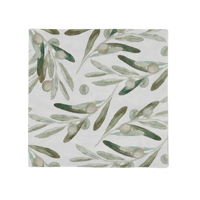 Olive Paper Napkin-White Background-Olive Branches all over