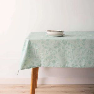 Orchard Tablecloth-Mint Green-Jacquard with fruit and Flower design-Stain Resistant-On table
