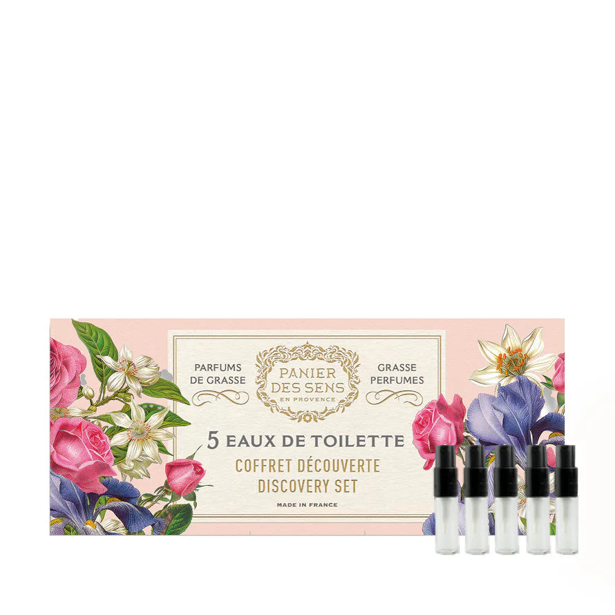 Panier des Sens perfume discovery set with floral design on packaging