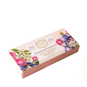 Floral-themed perfume set packaging on a white background