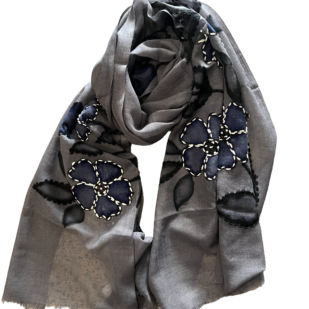 Jacob Little-Dulwich Hill-Hand Embroidered Scarf-Petra-Grey-Blue