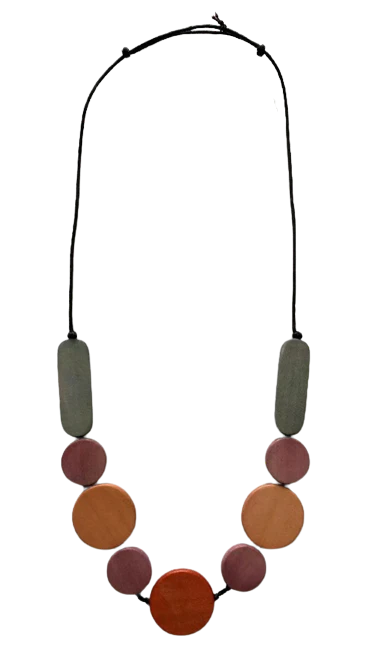 Joanie Necklace- Oval and Round Wooden Beads-Adjustable-Earthy Tones