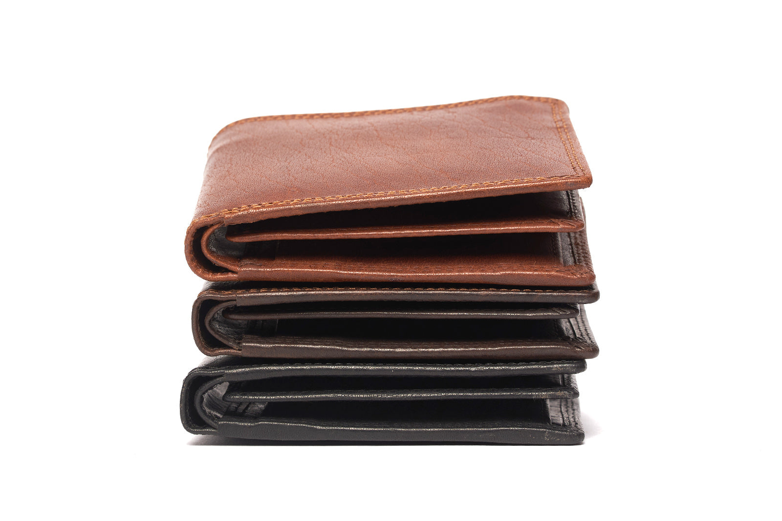 Brown leather wallet with card slots and a black wallet on a white background