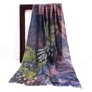 Sylvia Silk Scarf-Leaf Pattern-Grey-Blue-Pink & Green