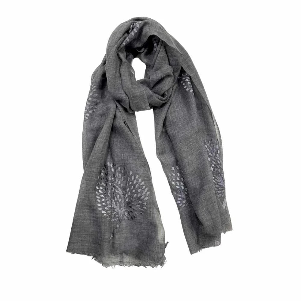 Jacob Little-Dulwich Hill-Misty Merino Wool Scarf-Grey-Embroidered Tree of Life