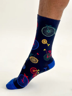 Jacob Little-Dulwich Hill-Thought socks-Navy Blue with multi coloured bicycles-Bamboo -Organic Cotton