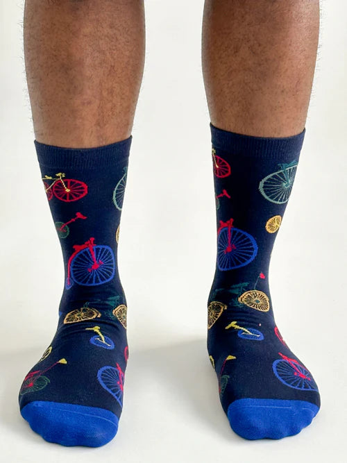 Jacob Little-Dulwich Hill-Thought socks-Navy Blue with multi coloured bicycles-Bamboo -Organic Cotton