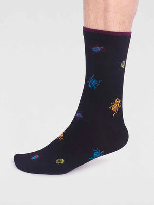 Jacob Little-Dulwich Hill-Thought socks- Black with multi coloured bugs-Bamboo -Organic Cotton