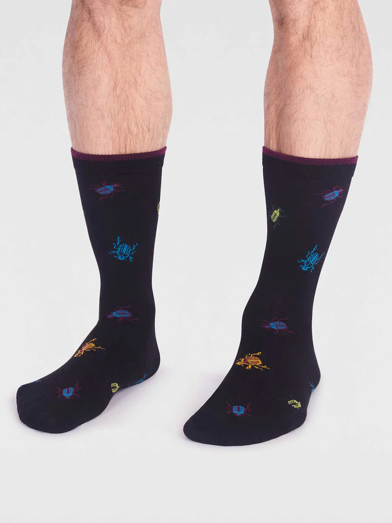 Jacob Little-Dulwich Hill-Thought socks- Black with multi coloured bugs-Bamboo -Organic Cotton