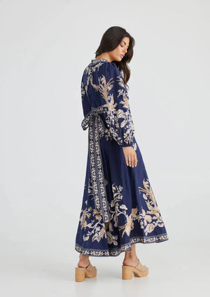 Talisman Aphrodite Dress-Navy Blue with cream and beige print-Cotton Voile-Maxi length-Wrap Style