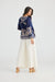 Halcyon top-Cotton Voile-Peasant styling-Navy with white and Beige Print-Long Sleeves