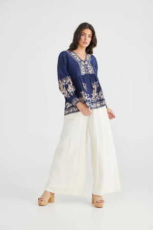 Halcyon top-Cotton Voile-Peasant styling-Navy with white and Beige Print-Long Sleeves