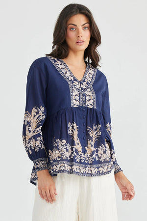 Halcyon top-Cotton Voile-Peasant styling-Navy with white and Beige Print-Long Sleeves