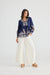 Halcyon top-Cotton Voile-Peasant styling-Navy with white and Beige Print-Long Sleeves