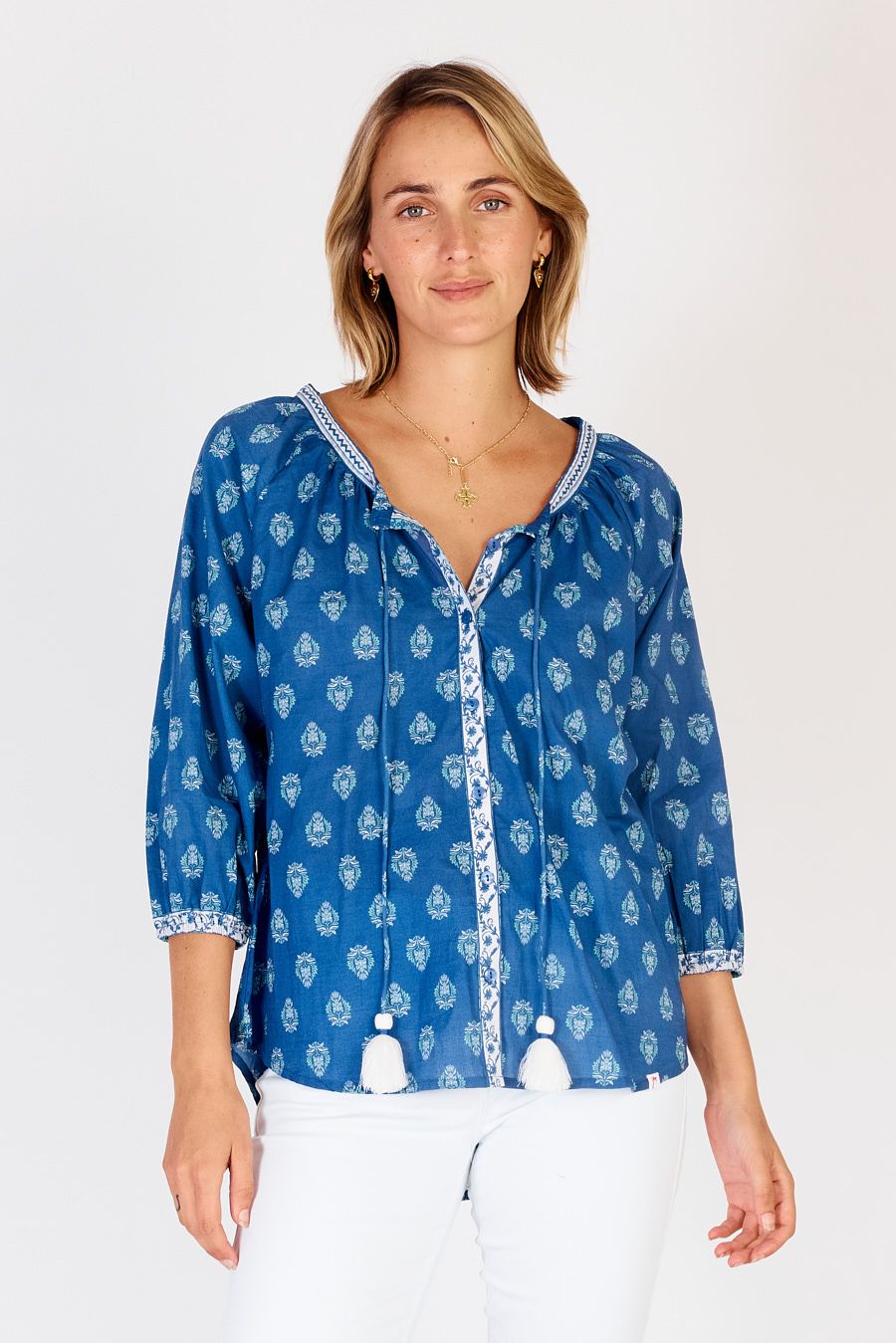 Toronto Top-Cotton-Drawstring Neckline-Blue and white Full Length Front View