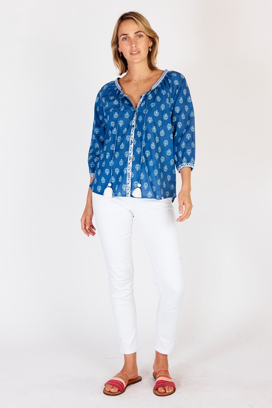 Toronto Top-Cotton-Drawstring Neckline-Blue and white Full Length Front View