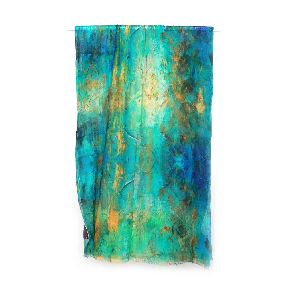 Jacob Little-Dulwich Hill-Prudence Scarf-Merino Wool and Silk-Abstract design-Aqua base with blues and greens