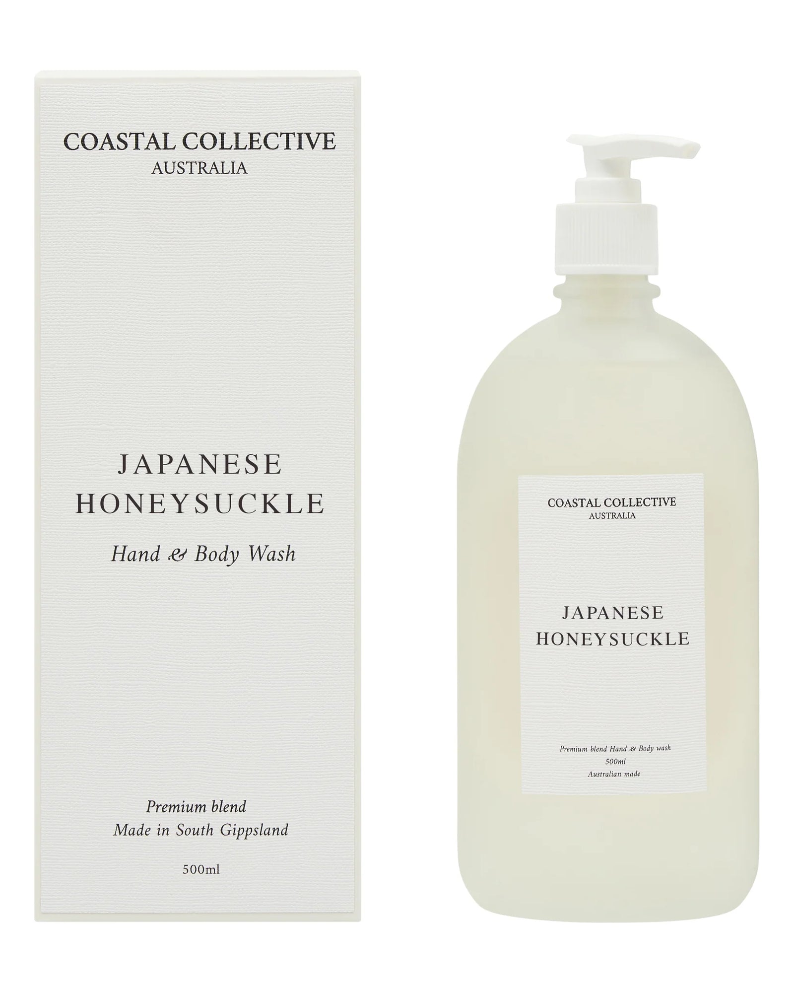 Hand and body wash bottle with pump and packaging labeled 'Japanese Honeysuckle' by Coastal Collective Australia on a white background.