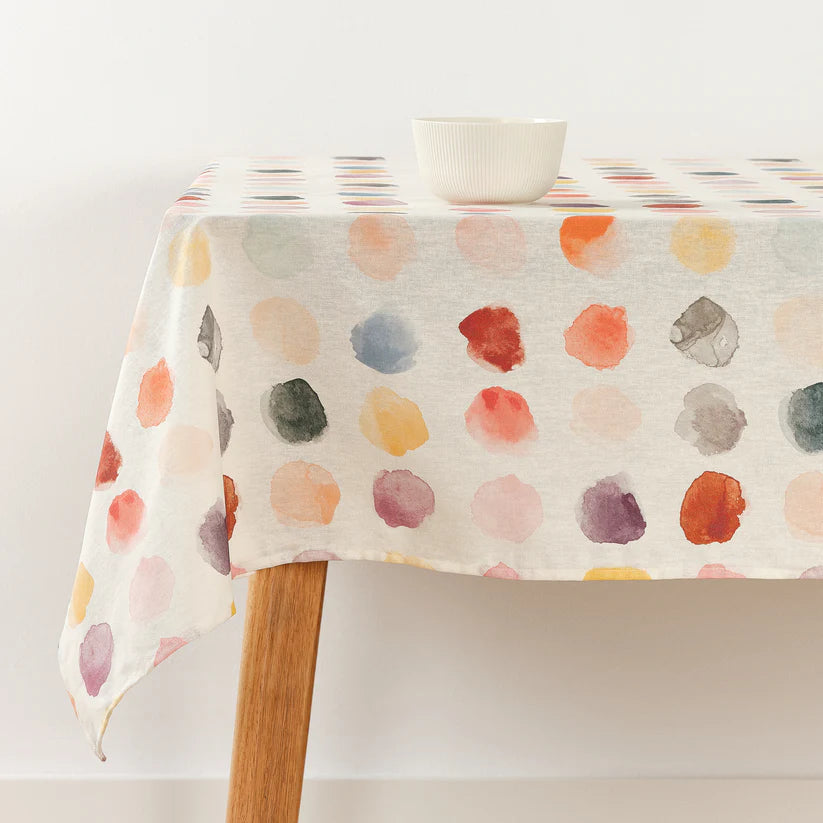 Watercolour Tablcloth-Resin Coated-White Background-irreguar coloured paint spots-On Table