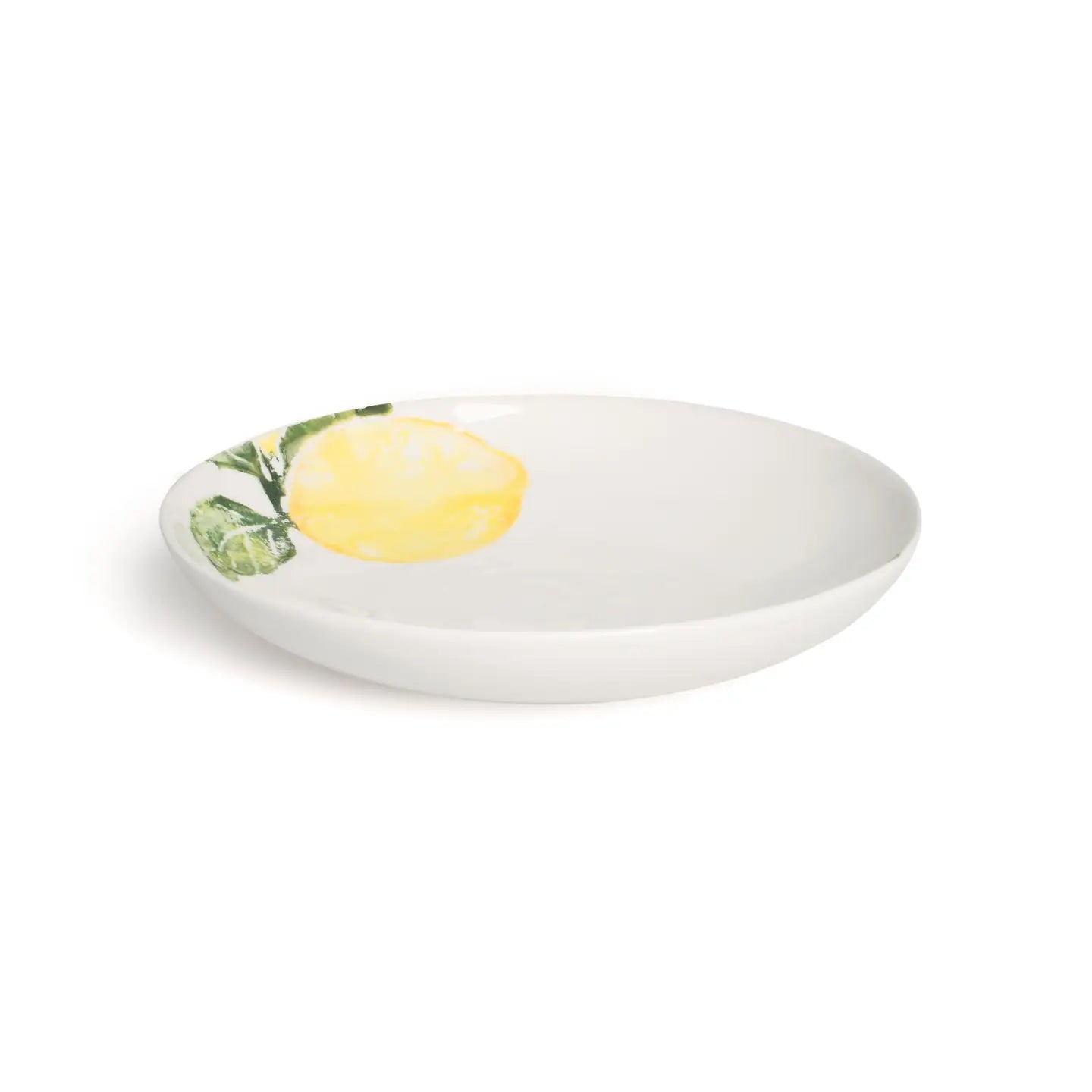 White ceramic bowl with lemon design on a white background