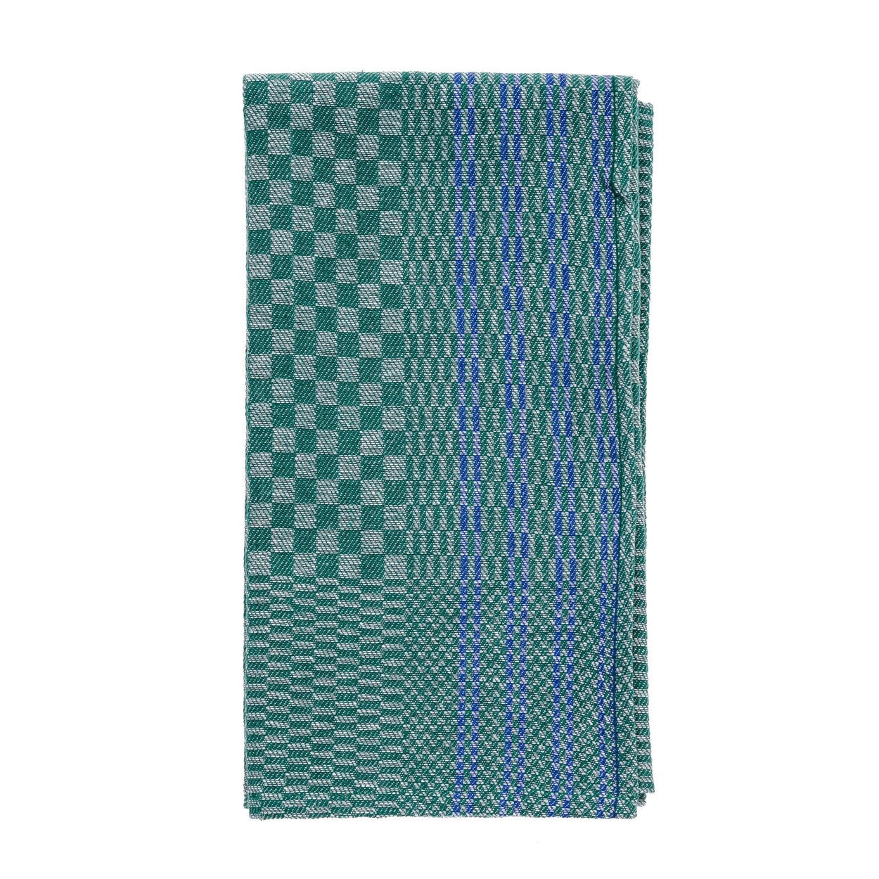 Folded Teatowel with green and blue checkered pattern on a white background