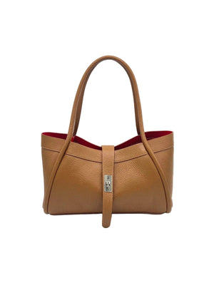 Tan handbag with a red interior on a white background