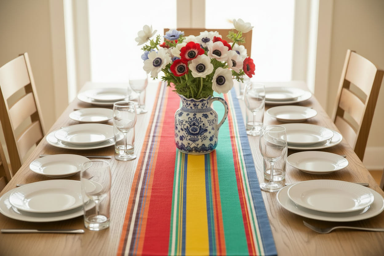 Rolled-up colorful table runnerl on a white background