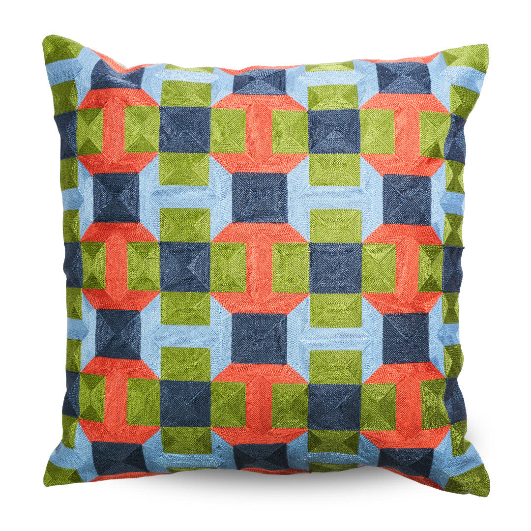 Decorative pillow with geometric pattern on a white background