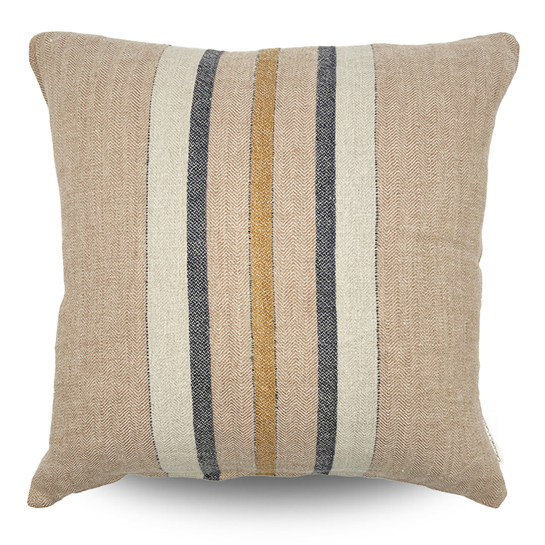Striped pillow with beige, brown, and gray colors on a white background