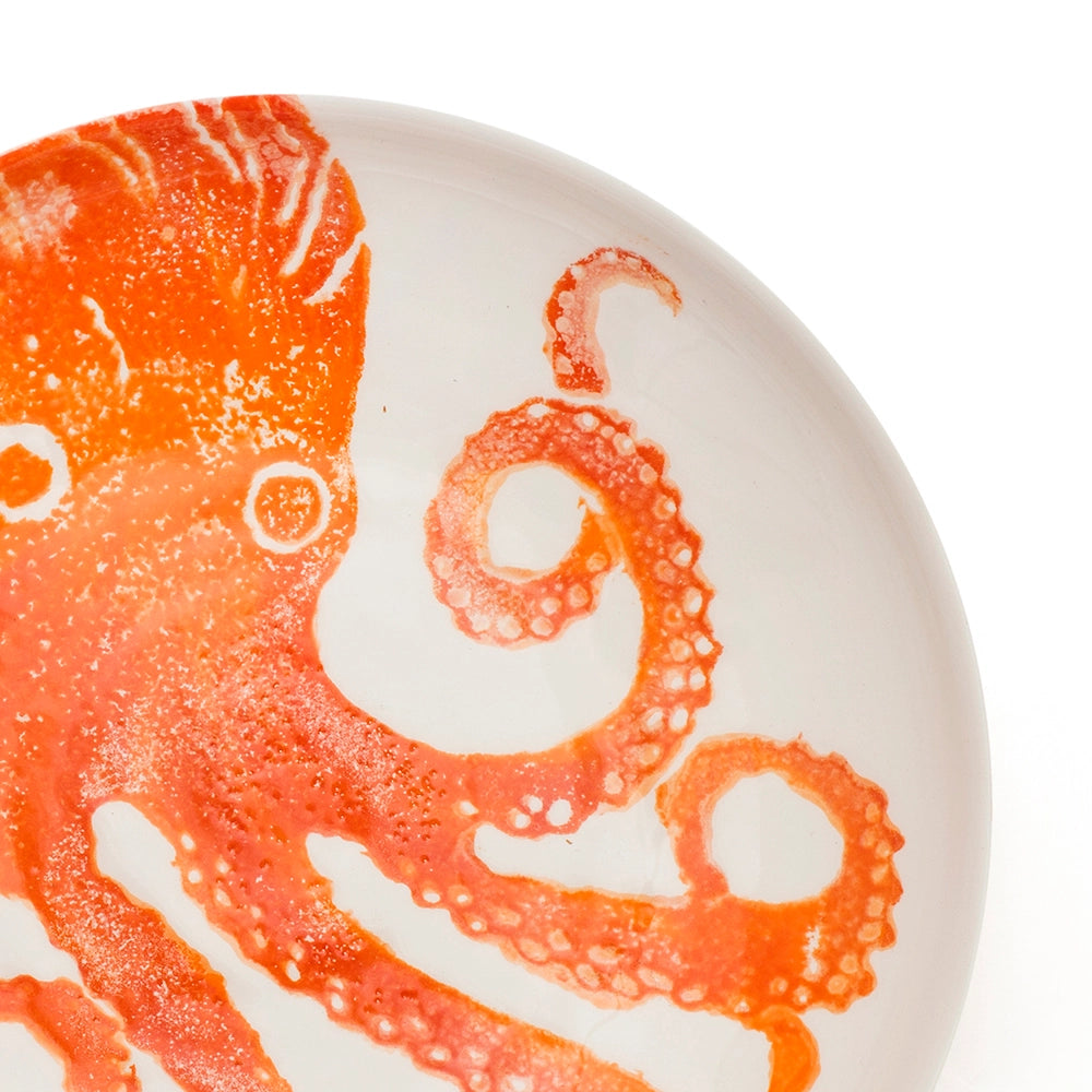 White plate with orange octopus design on a white background