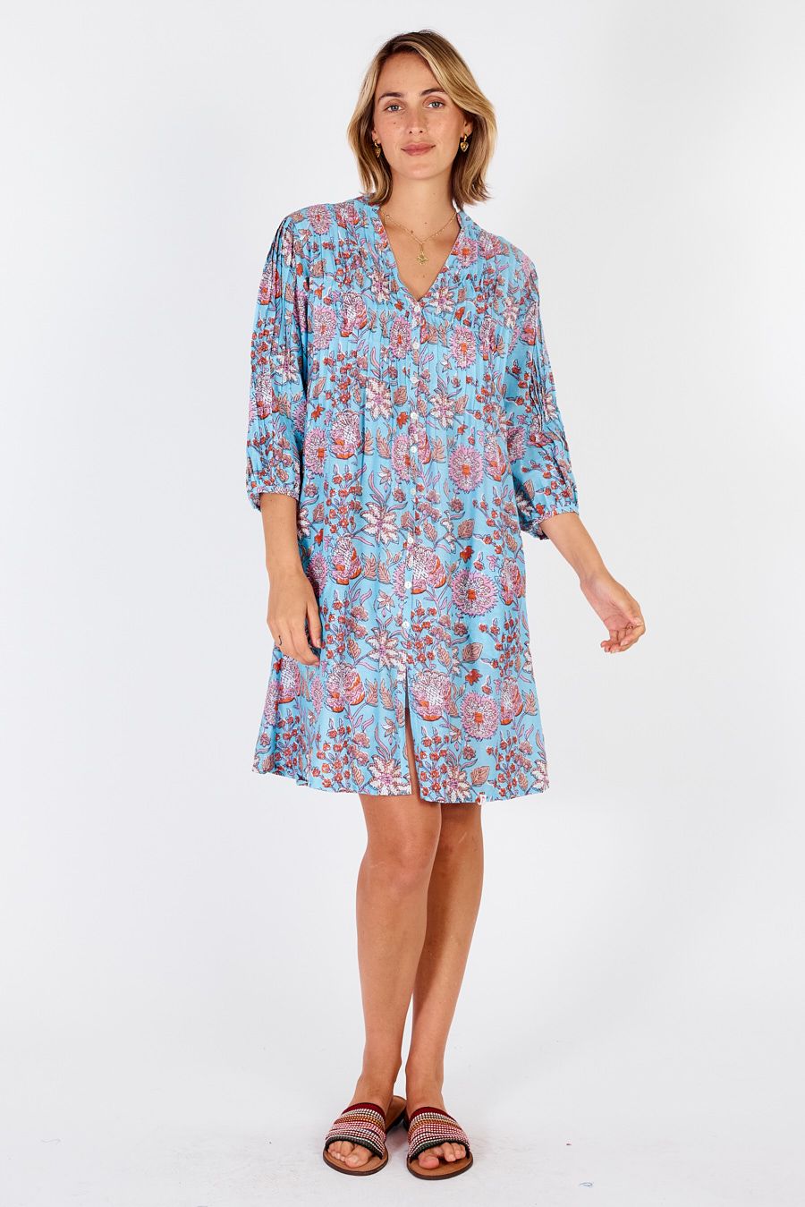 Cancun Dress-Cotton- Blue Floral-Handblock Print Fabric-Front View