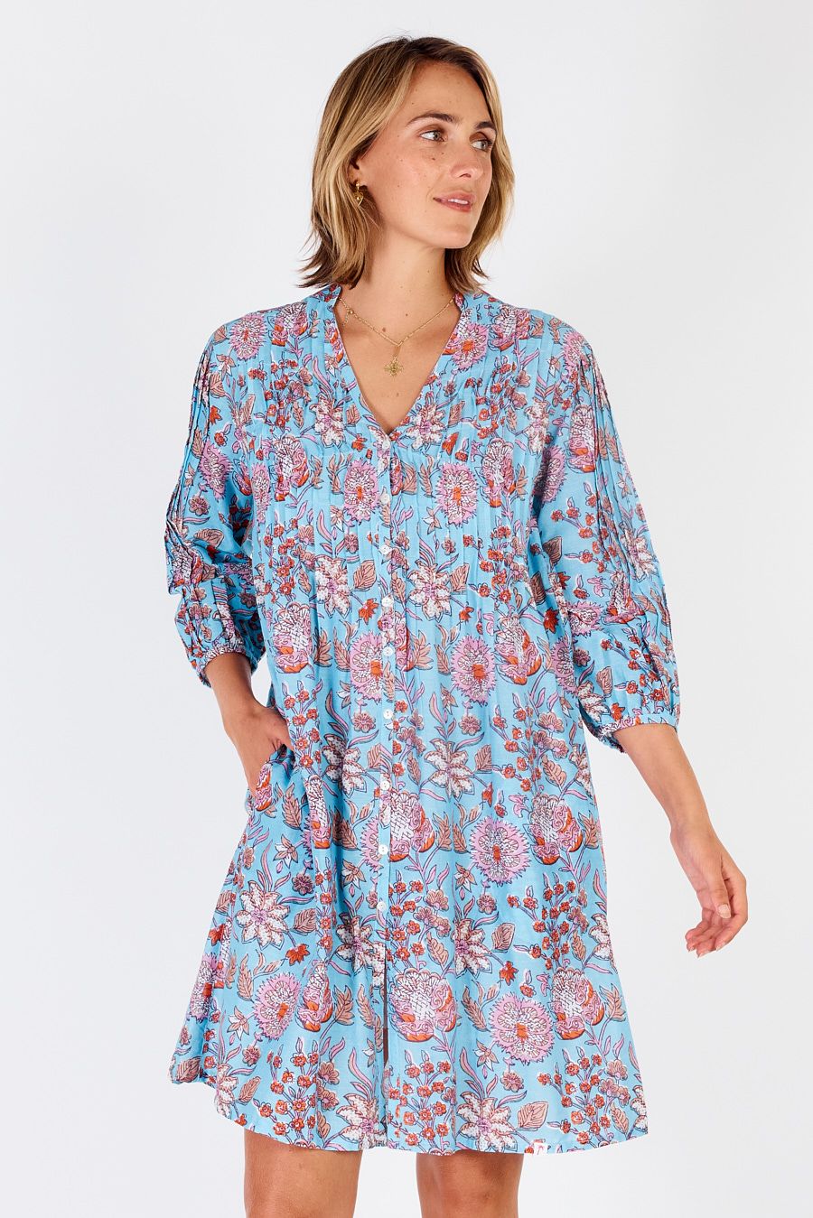 Cancun Dress-Cotton- Blue Floral-Handblock Print Fabric-Front View