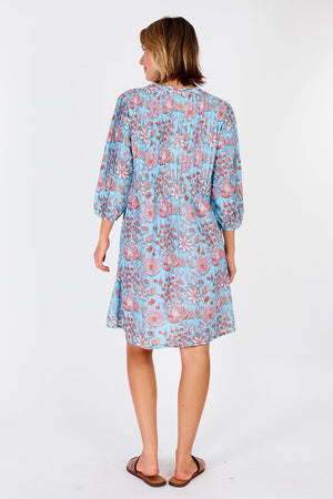 Cancun Dress-Cotton- Blue Floral-Handblock Print Fabric-Back View