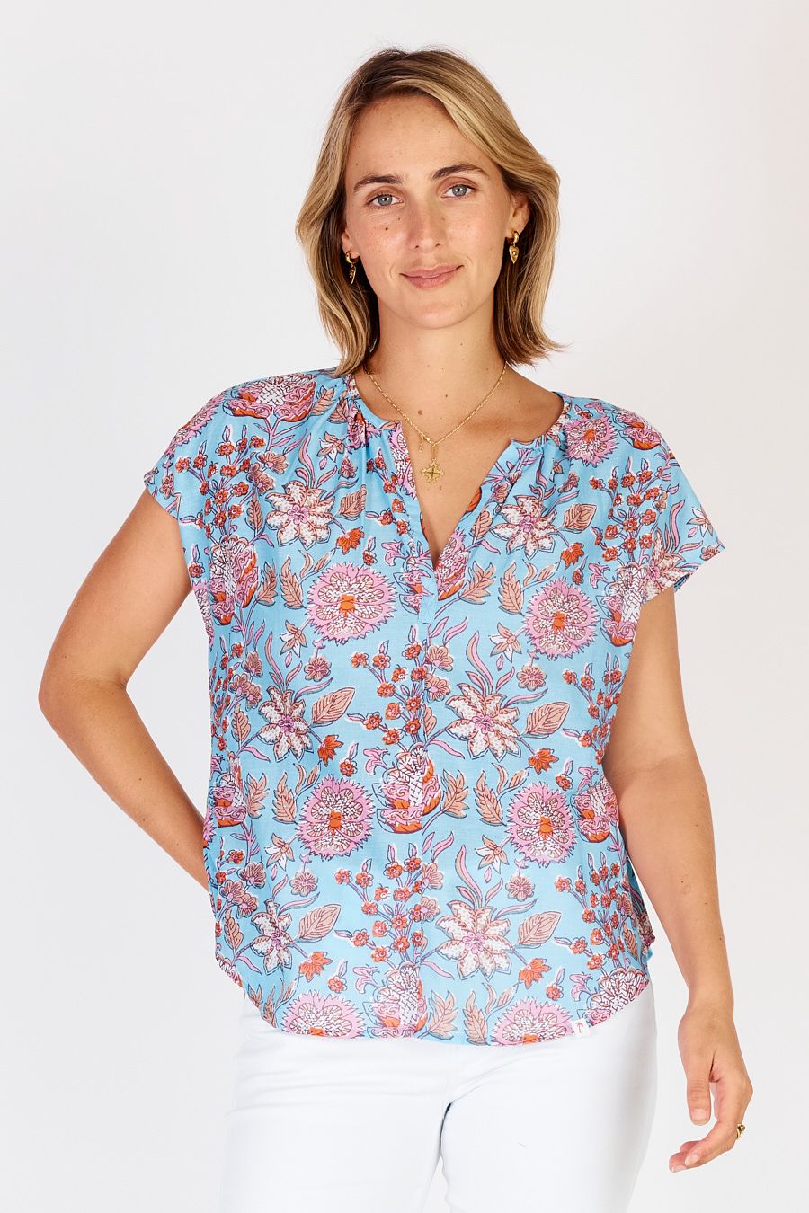Cancun Top -Blue Floral-Block Print Cotton-Front View Full Length