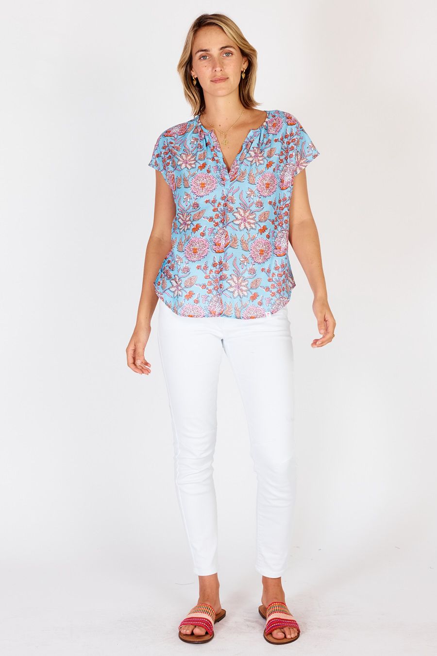 Cancun Top -Blue Floral-Block Print Cotton-Front View Full Length