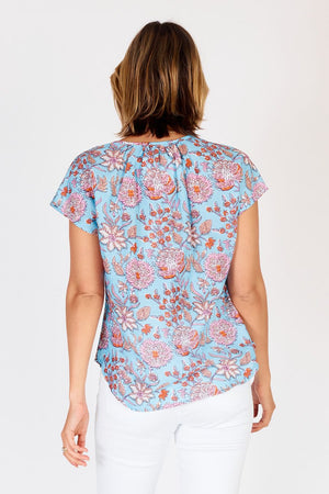 Cancun Top -Blue Floral-Block Print Cotton-Back View 