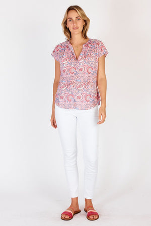 Cancun Top -Pink Floral-Block Print Cotton-Front View full length
