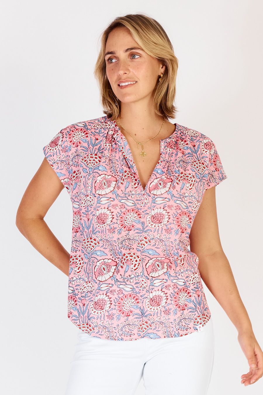 Cancun Top -Pink Floral-Block Print Cotton-Front View