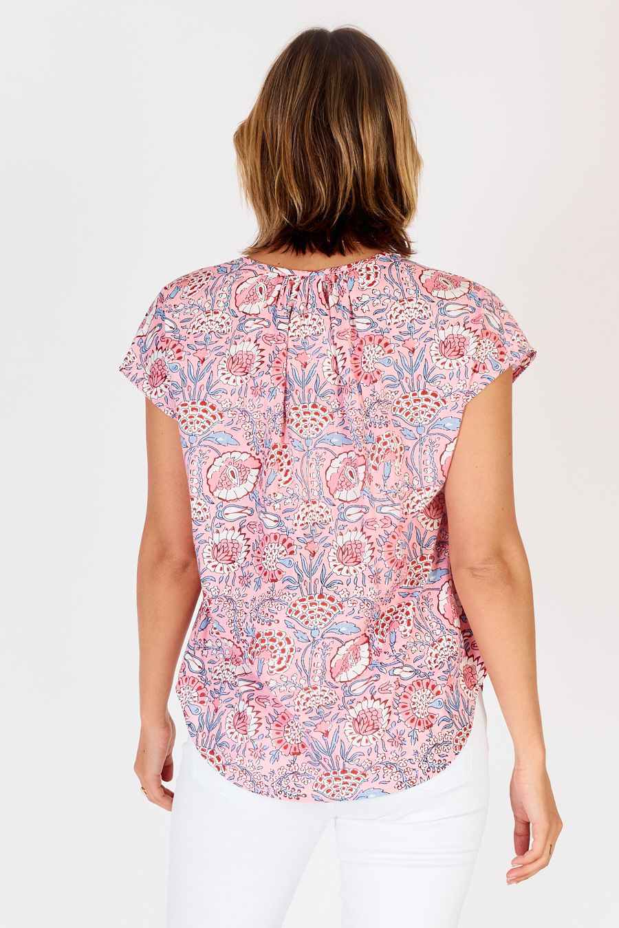 Cancun Top -Pink Floral-Block Print Cotton-Front View