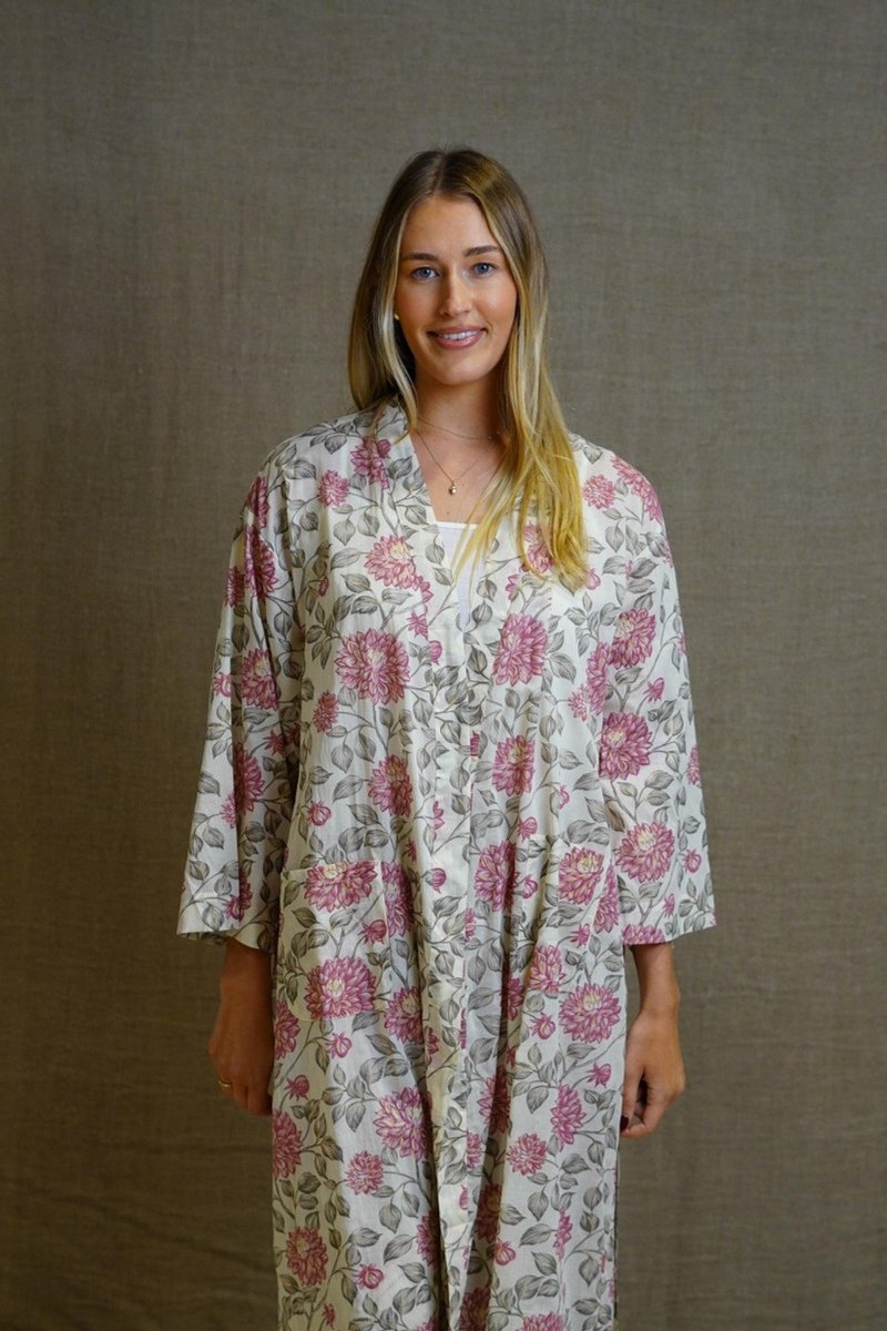 Kimono Robe-Cotton-Floral Design on White Background