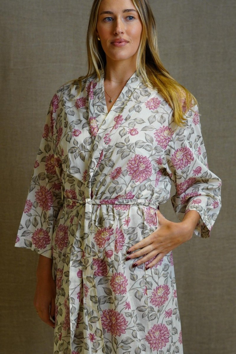 Kimono Robe-Cotton-Floral Design on White Background
