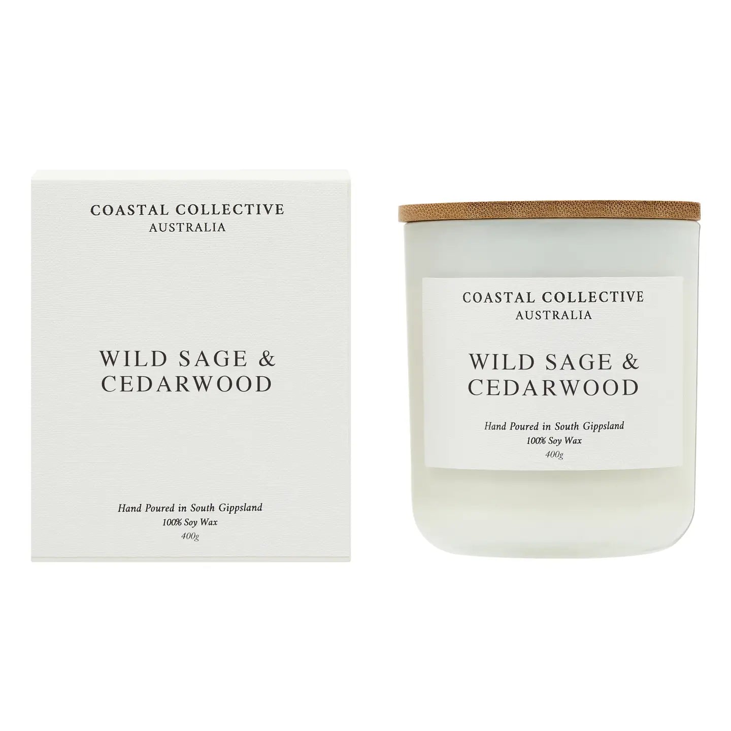 Coastal Collective Australia candle and packaging with 'Wild Sage & Cedarwood' scent on a white background.